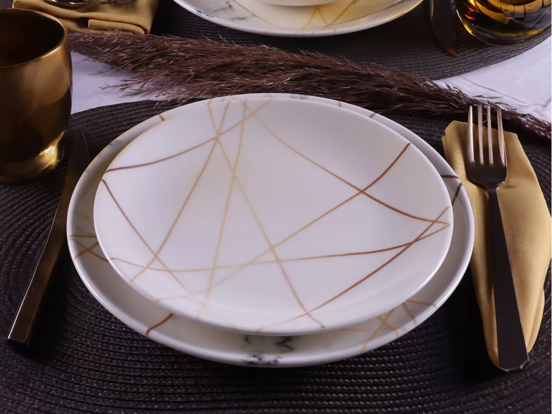 Service vaisselle 18 pièces en porcelaine - Blanc effet marbre - MURCIA