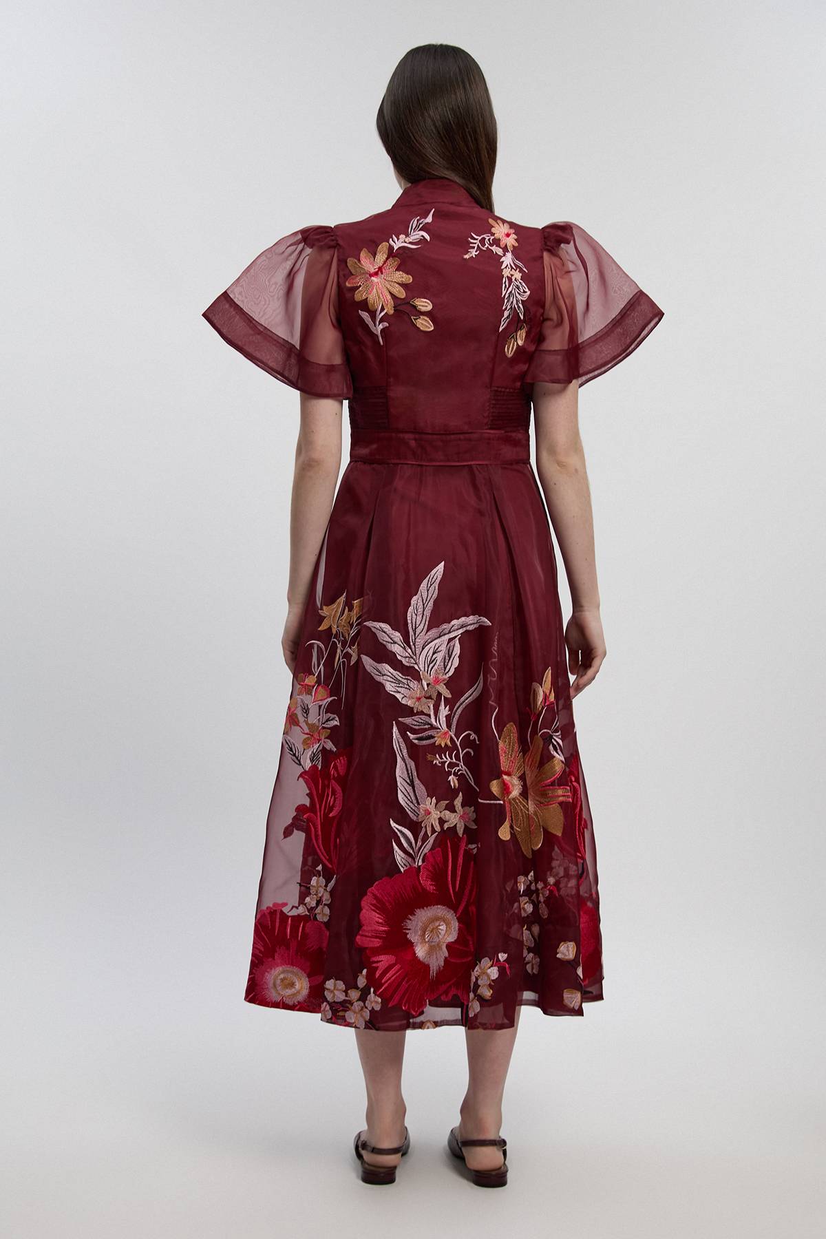 KarenMillen Robe Midi Petite à Manches Évasées en Organdi avec Broderie Botanique
