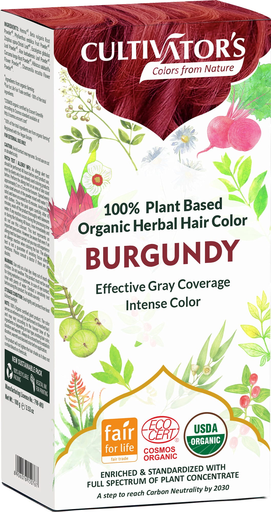 CULTIVATOR'S  Organic Herbal Hair Color Burgundy, 100 g