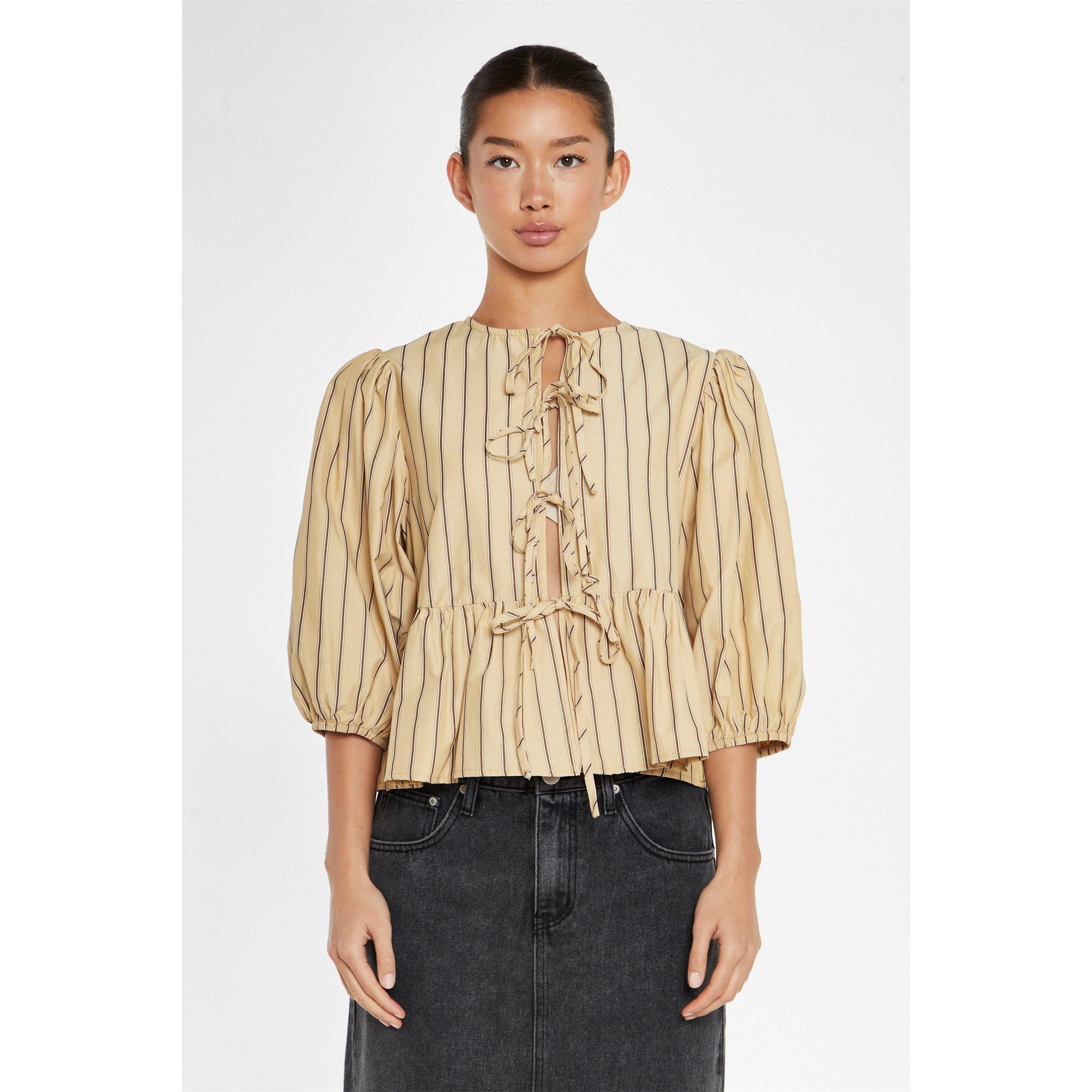 Glamorous Beige Brown Stripe Tie Front Top