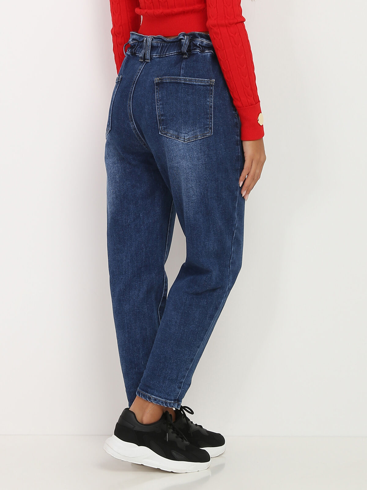 Jeans droit élastique à la taille- Bleu