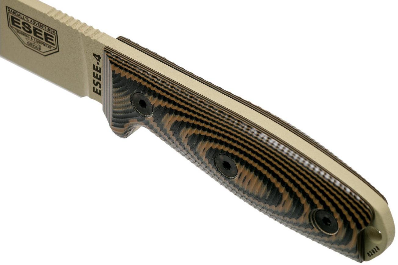ESEE Model 4 Desert Tan Blade 3D Coyote-Black G10 survivalmes 4PDT-005 zwarte schede   riemclip