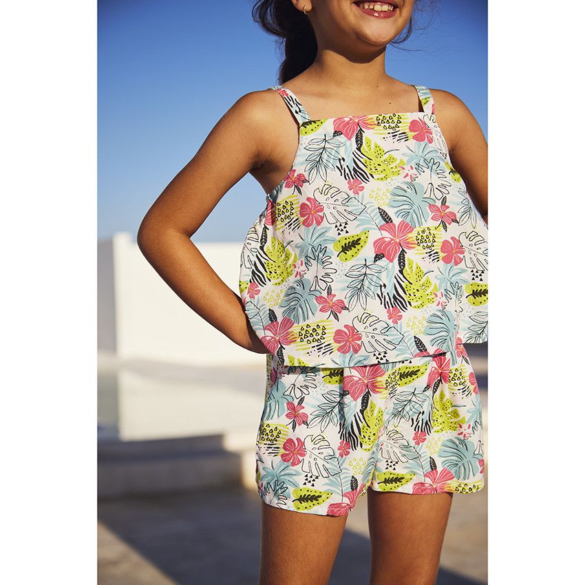 Combishort effet 2 en 1 en lyocell imprimé tropical pour fille - Blanc