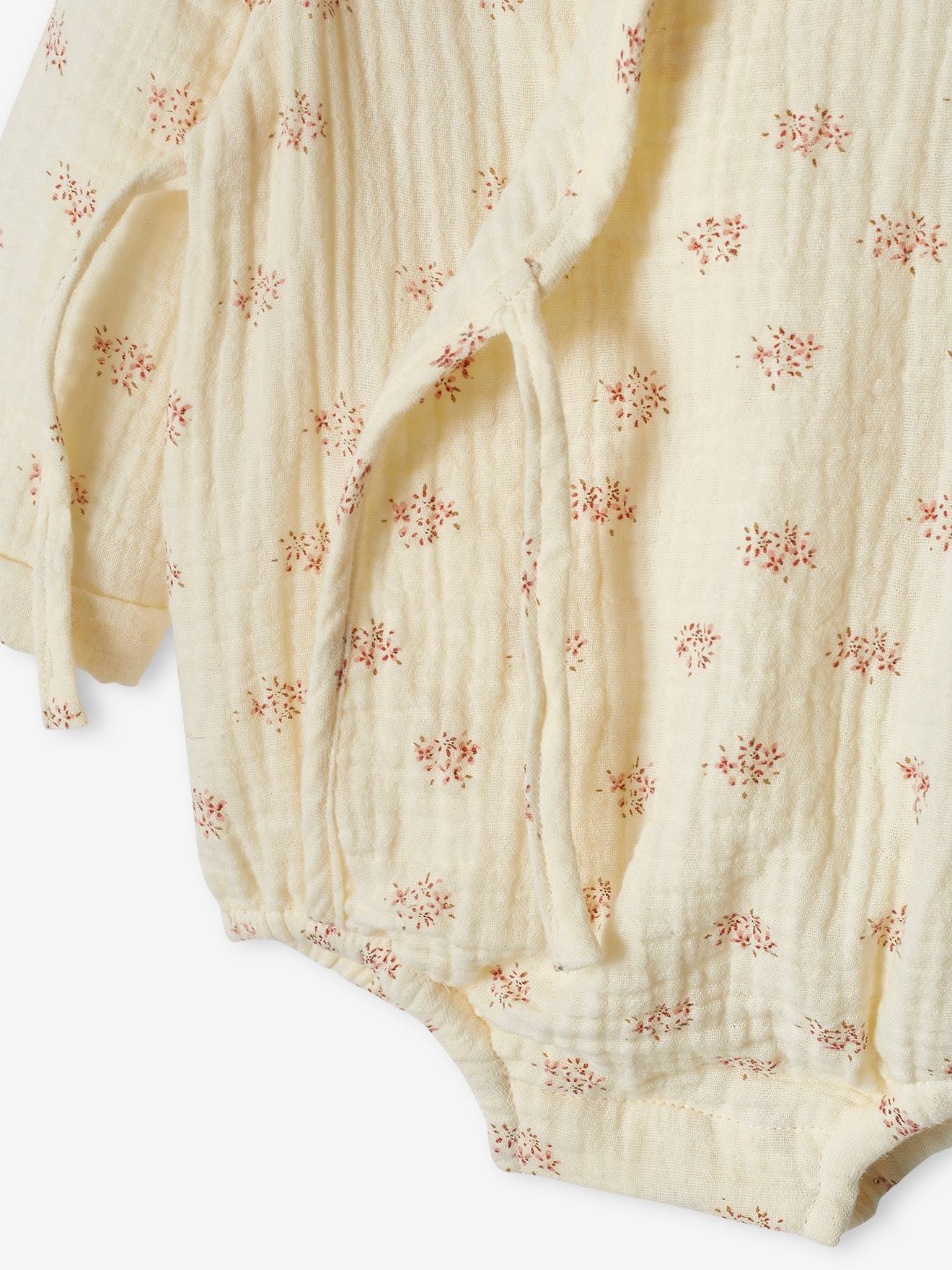 Body de manga comprida em chiffon de algodão cru com estampa floral para recém-nascido.
