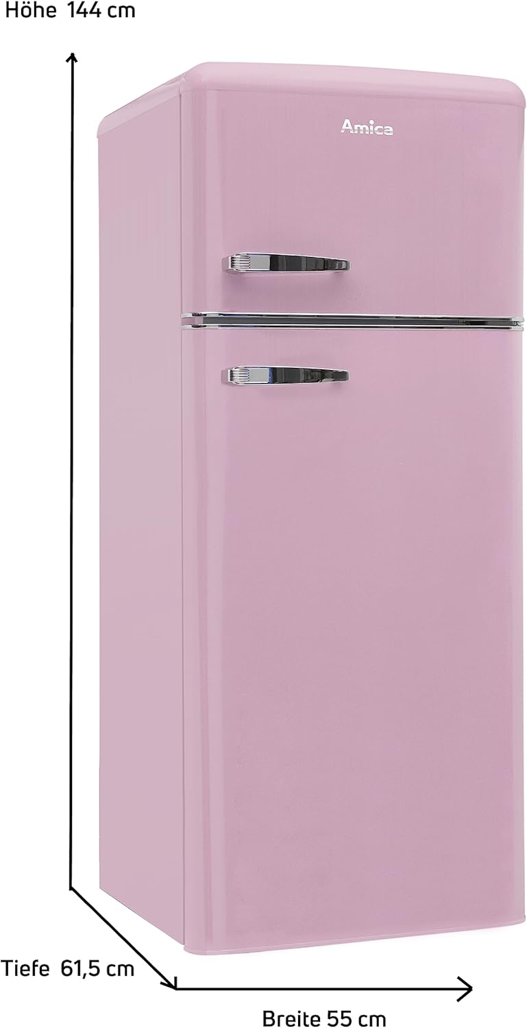 Amica KGC 15636 P Retro Kühl-/Gefrierkombination / Cupcake Pink / 144cm (H) x 55cm (B) x 62cm (T) / Retro-Design / Kühlschrank mit Gefrierfach