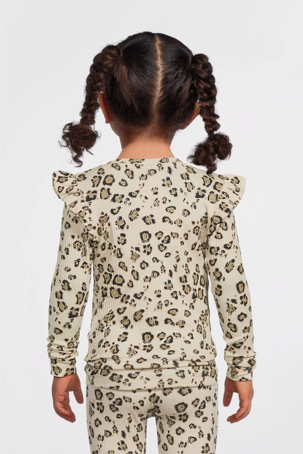 NAME IT longsleeve NMFSOLVEG met panterprint en ruches ecru/bruin