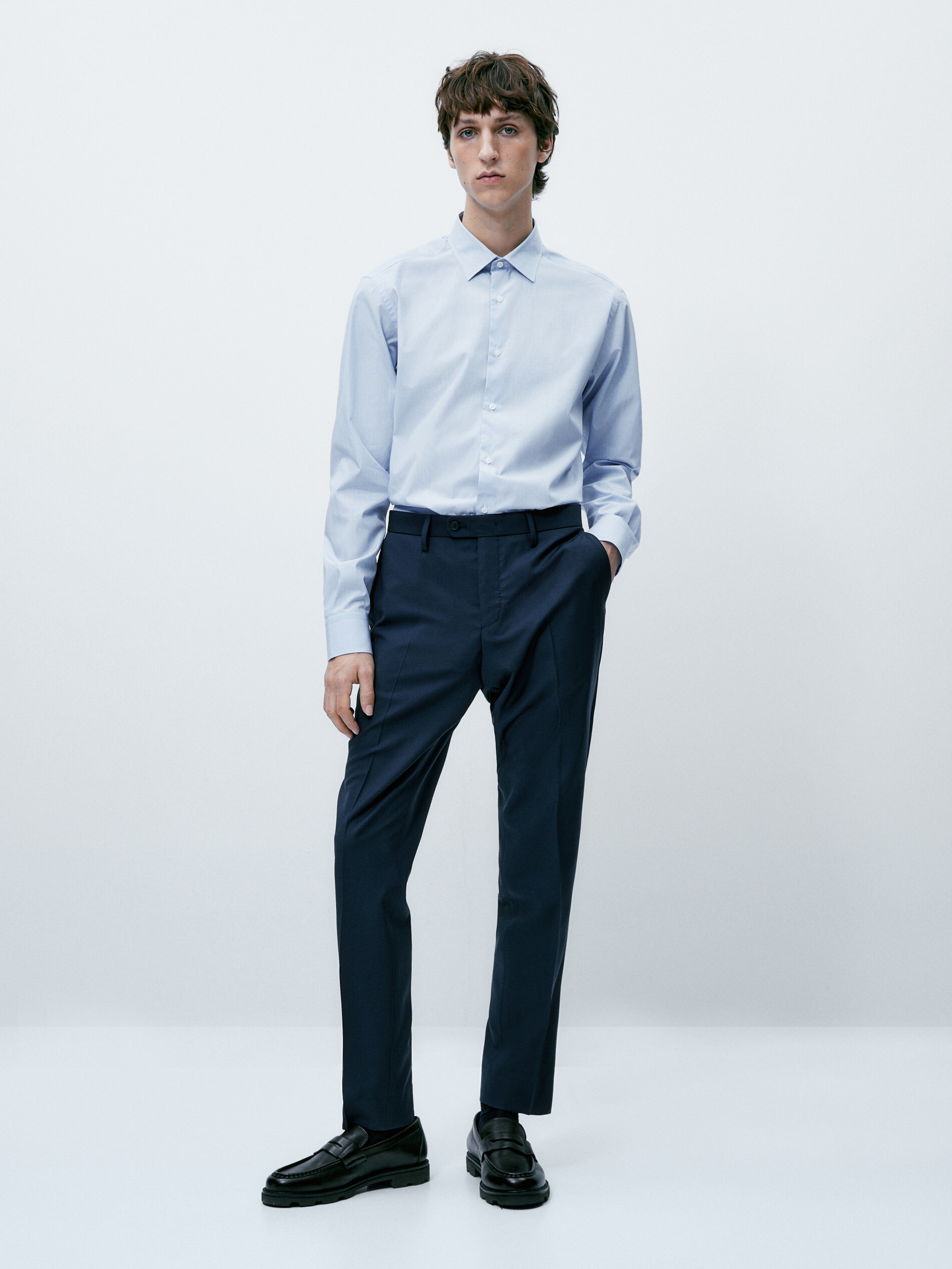 Camisa Rayas de algodão com corte slim - AZUL CLARO