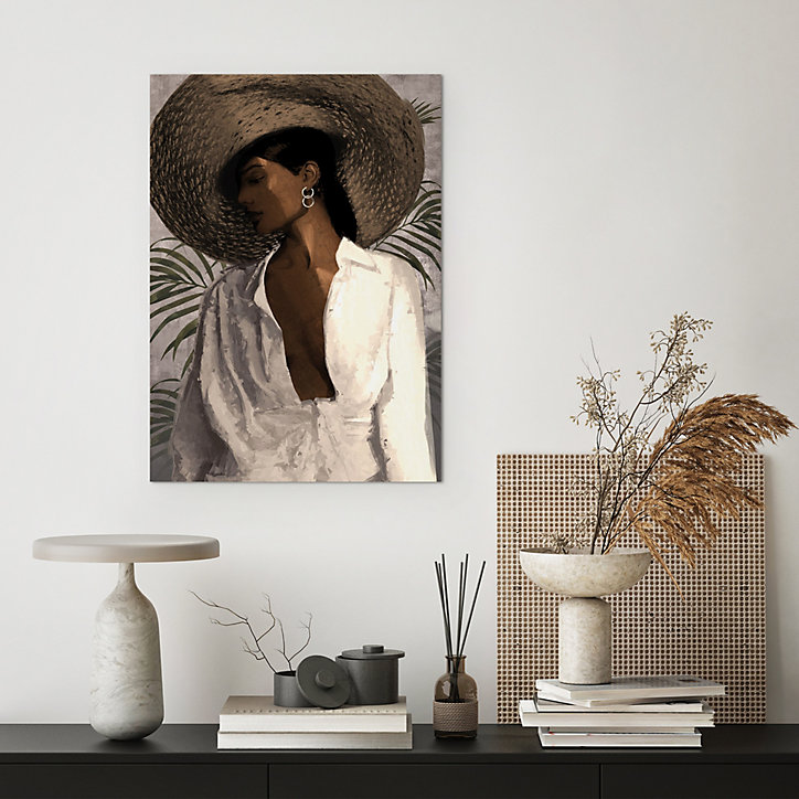 Toile femme chapeau blanc, marron, vert Dada Art l.50 x H.70 cm