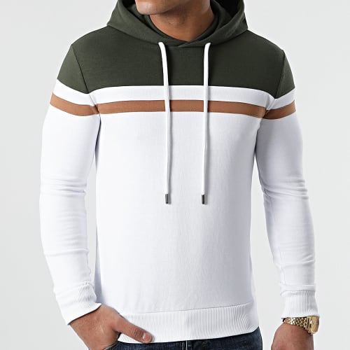 Sweat Capuche Slim Fit Tricolore 1436 Vert Kaki Blanc