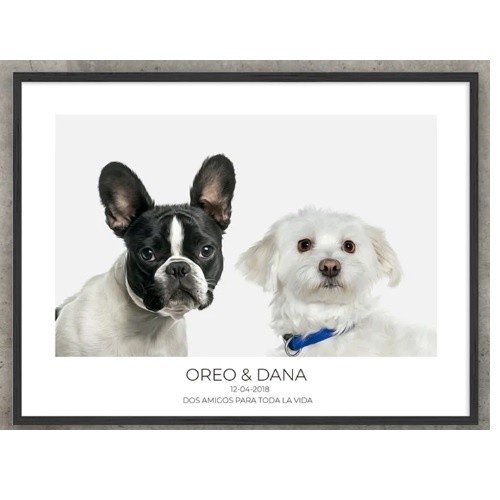 Retrato personalizado e realista de animais de estimação da MascoZoom, Mark 2, com moldura de madeira preta.