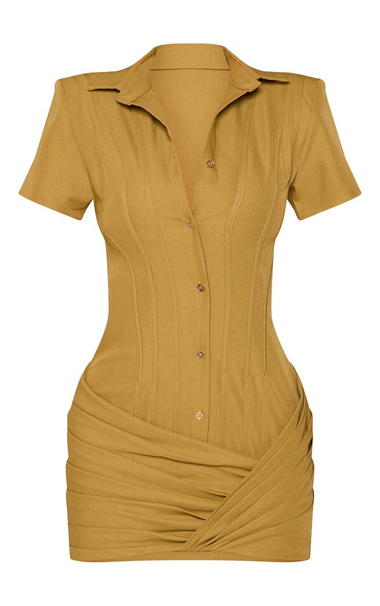 Vert Olive Robe Chemise Portefeuille En Tissu Structuré À Manches Courtes
