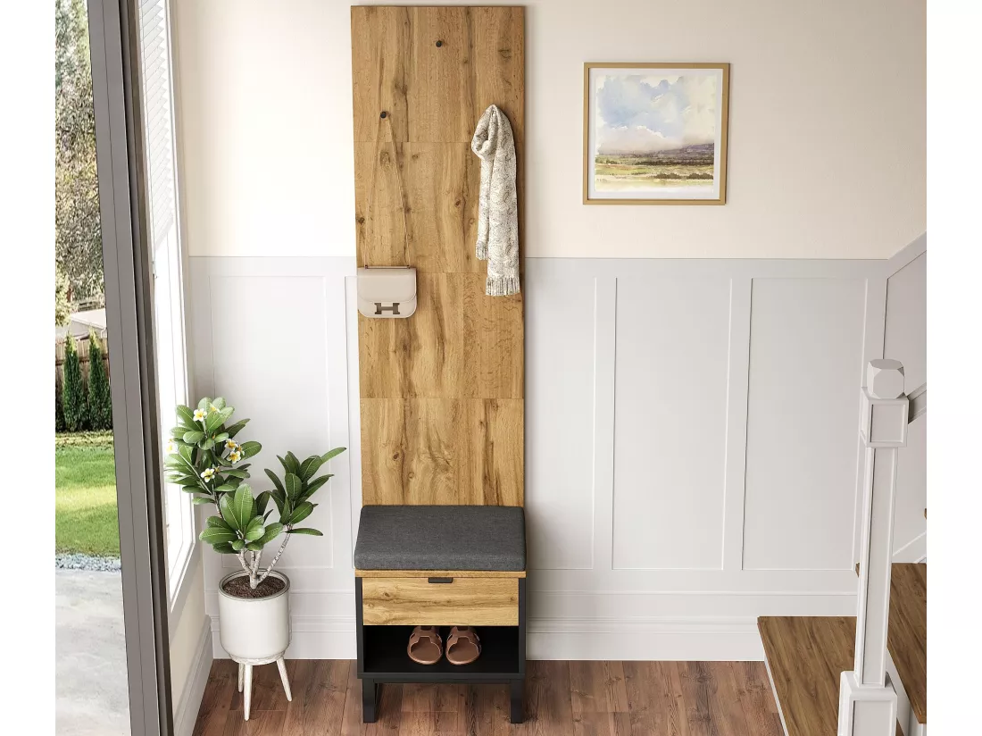 Vestiaire avec tabouret à chaussures + coussin - avec tiroir - Naturel