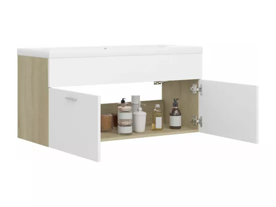 Armoire d'évier et lavabo intégré Blanc/chêne sonoma Aggloméré