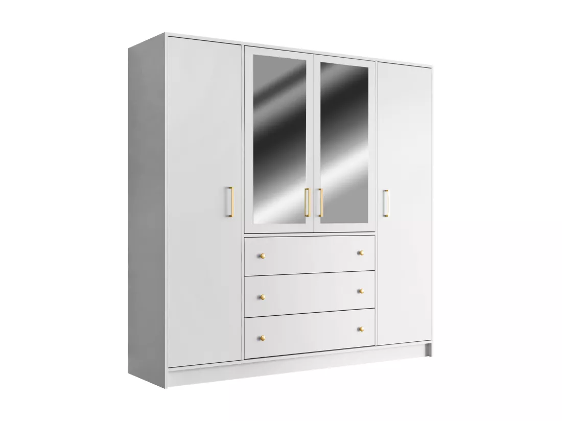 Armoire d'angle 6 portes et 3 tiroirs - Avec miroirs - L311 cm - Blanc - LIZANDRO