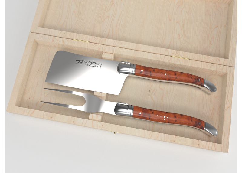 Service à fromage Laguiole avec un manche en loupe de thuya et mitres en acier inoxydable