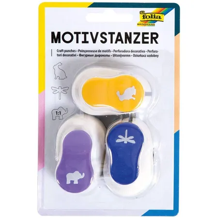 Folia Motivstanzer, Motivlocher, 3er Set, Hase, Libelle und Elefant
