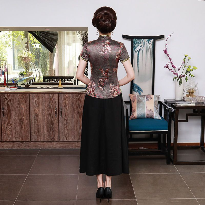 Gouden bloemen - Traditionele Chinese set: top met korte mouwen + A-lijn maxi-rok