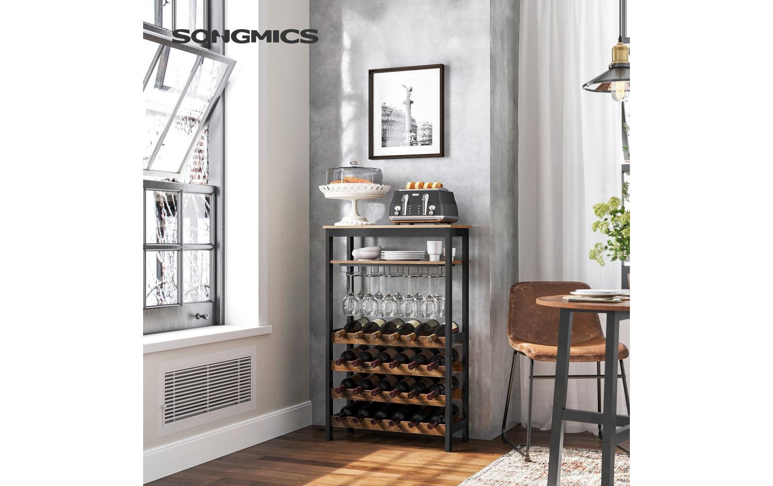 Weinregal für 24 Flaschen, aus BambusholzWeinregal im Industrie-Design mit Glashalter