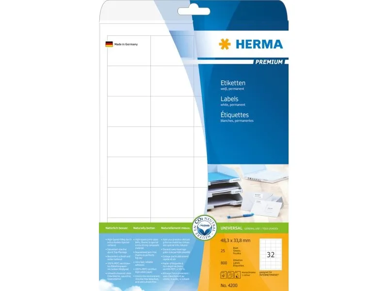 HERMA Premium - Papir - mat - permanent selvklæbende - hvid - 48.3 x 33.8 mm 800 etikette(r) (25 ark x 32) laminerede etiketter