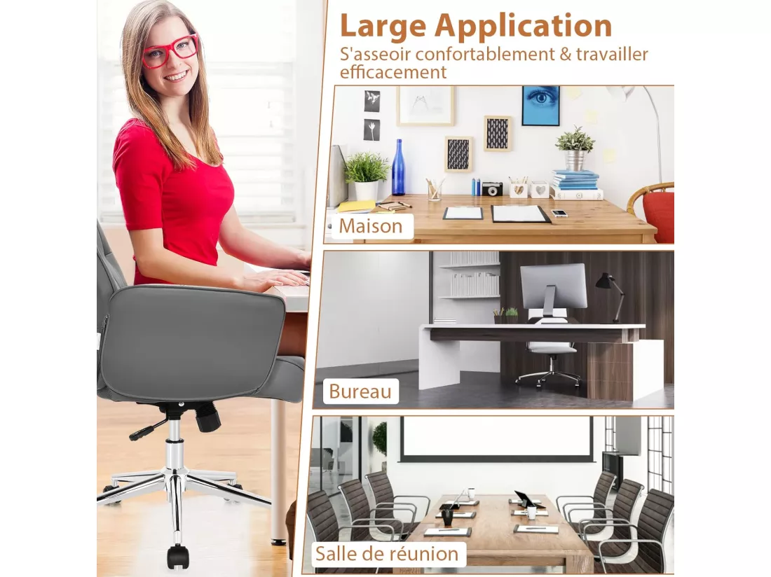 Fauteuil de Bureau Moderne en Cuir PU, Chaise Siège de Bureau à Bascule Réglable en Hauteur, Accoudoirs Rembourrés pour Les Jeux et Le Travail