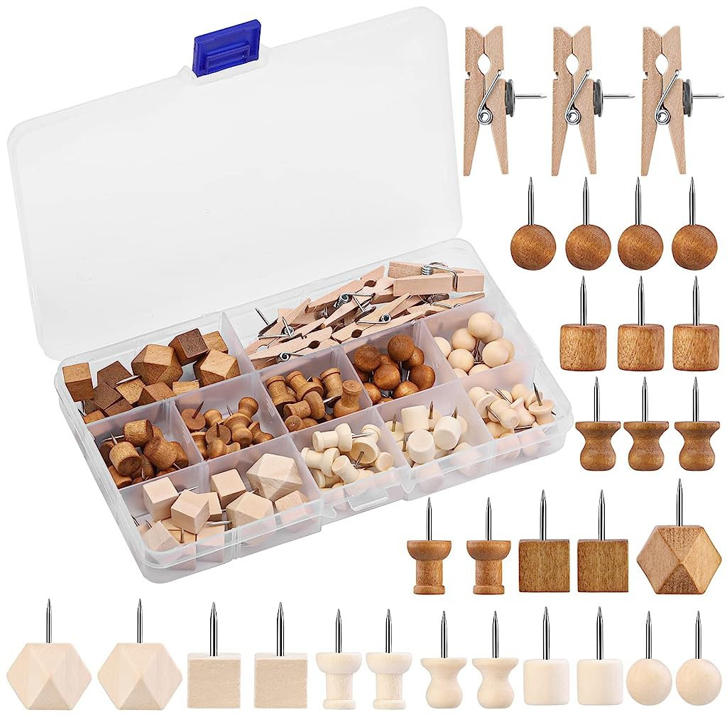 (114-tlg. Set) Holz Pinnnadel Deko Steck Nadel Reisszwecke Klammern inkl. Aufbewahrungsbox - Braun