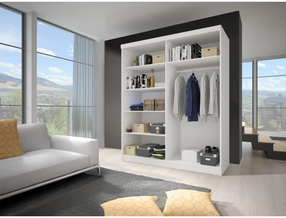 Fabryka Mebli Idźczak Schlafzimmer-Set Komplett - Helios II 180 Bettgestell - Kleiderschrank mit Spiegel, 2X Nachttisch - Innovativ, Stilvoll, Modern - Weiß/Kathult+Grau - Set ohne Matratze
