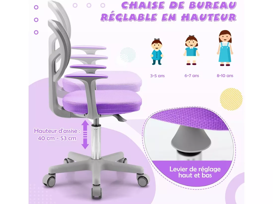 Chaise de Bureau Pivotante Enfants avec Hauteur Réglable 80-91,5cm, Siège à roulettes Enfants avec Dossier & Accoudoirs Ergonomique, Coussin Amovible, Verrouillage Automatique, 3-10 Ans