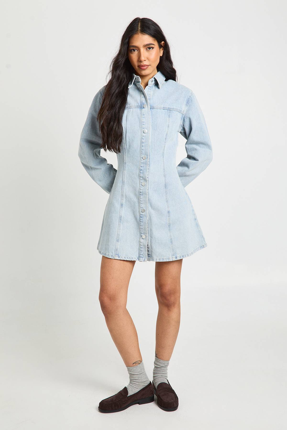 boohoo Robe En Jean Taille Cintrée À Manches Longues Tall