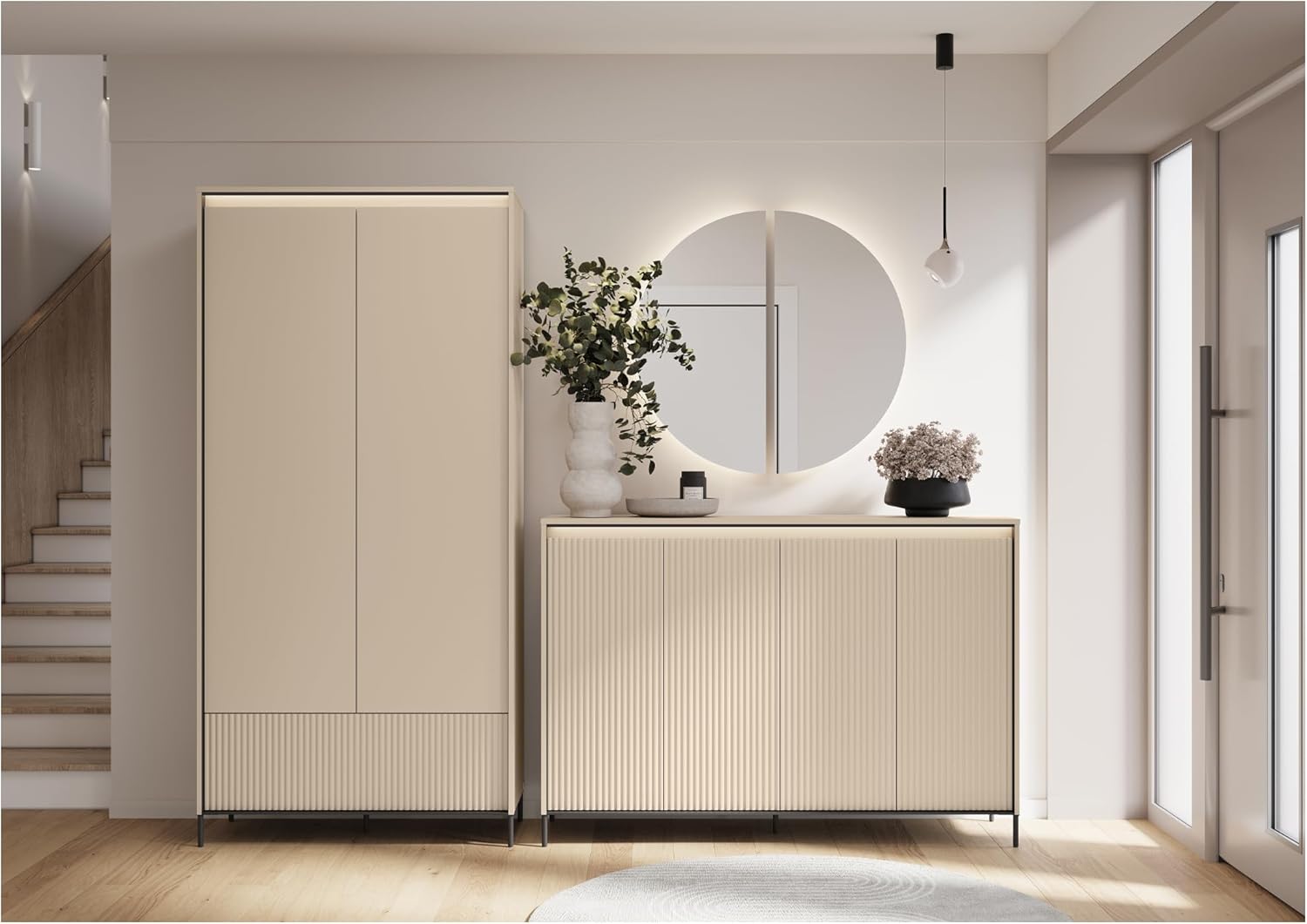 MEBLINI Garderobe Flur Möbel Set mit LED - Garderobenschrank Flur mitl Kommode - Garderobe Schrank - Flurgarderobe - Flurschrank hoch - Trend - Beige/Schwarz
