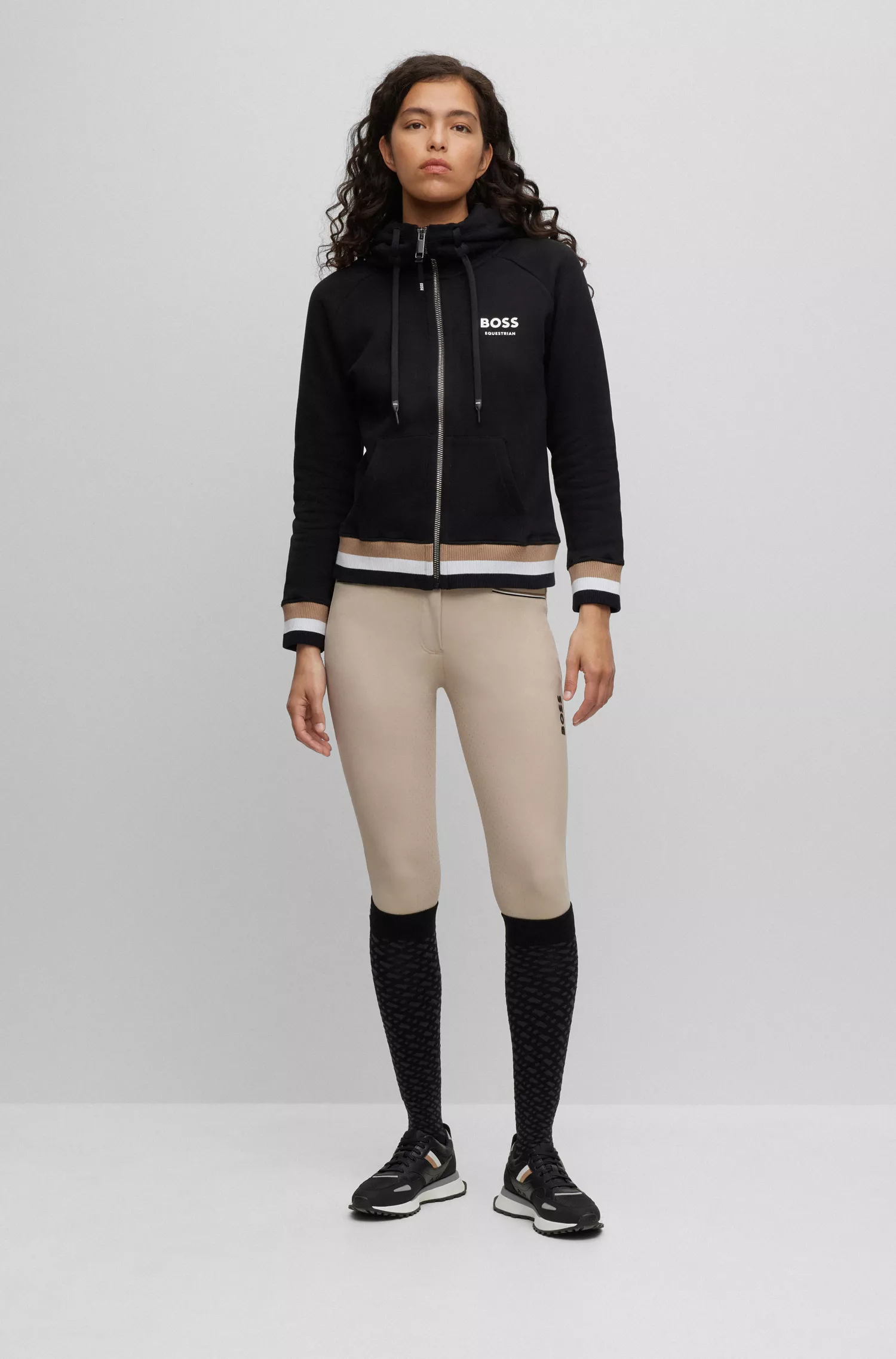 Moletom com zíper BOSS Black-Equestrian em algodão com listras características.