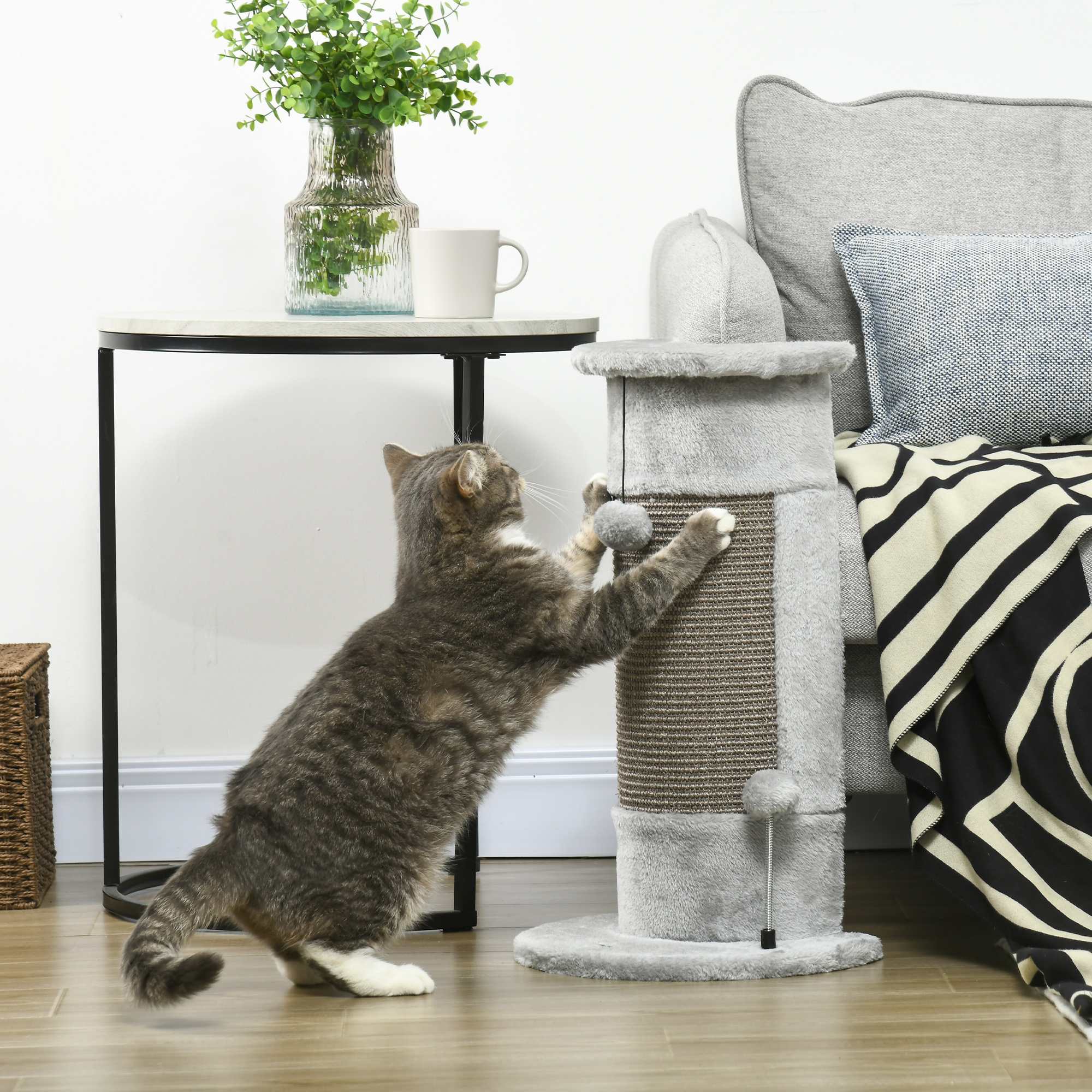 Arranhador para Gatos PawHut de 58cm com Poste de Sisal e Bolas Penduradas, 34x25,5x58cm, Cinza