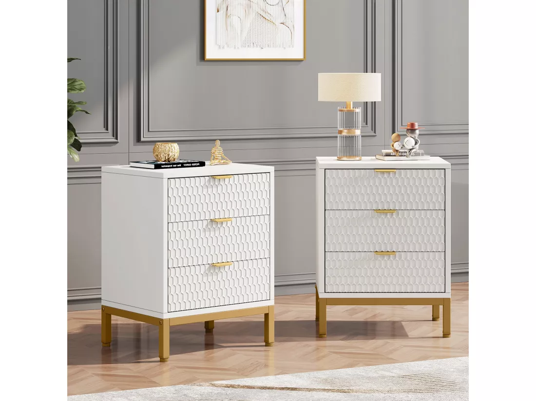Tribesigns Table de Chevet Moderne de 65,5 cm de Haut avec 3 tiroirs, Table d'appoint contemporaine avec Rangement pour Chambre à Coucher, Salon, Blanc et doré