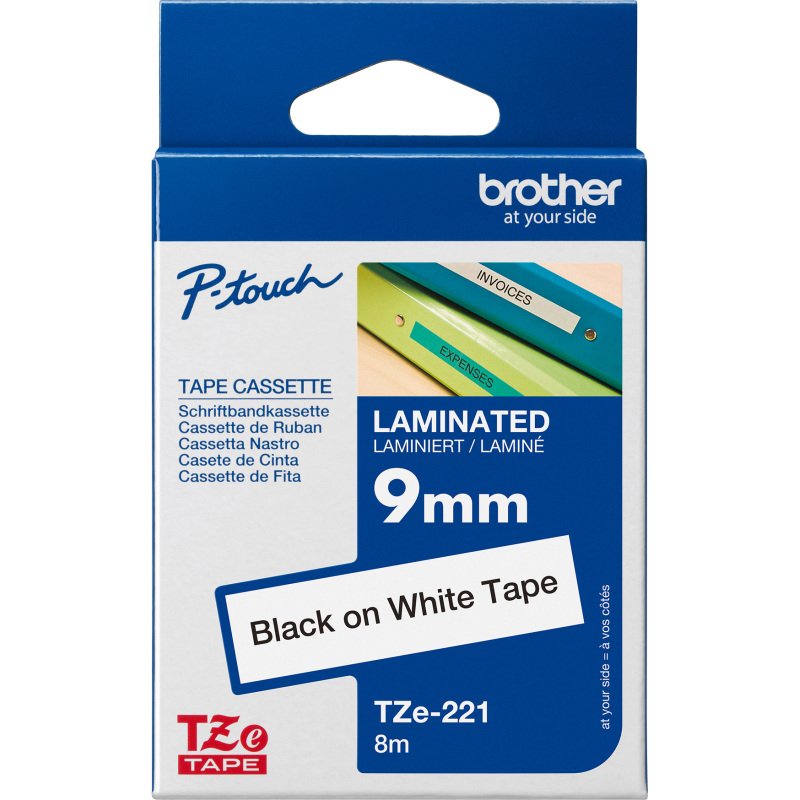 Ruban laminé Brother 9 mm TZE 221 blanc écriture noire