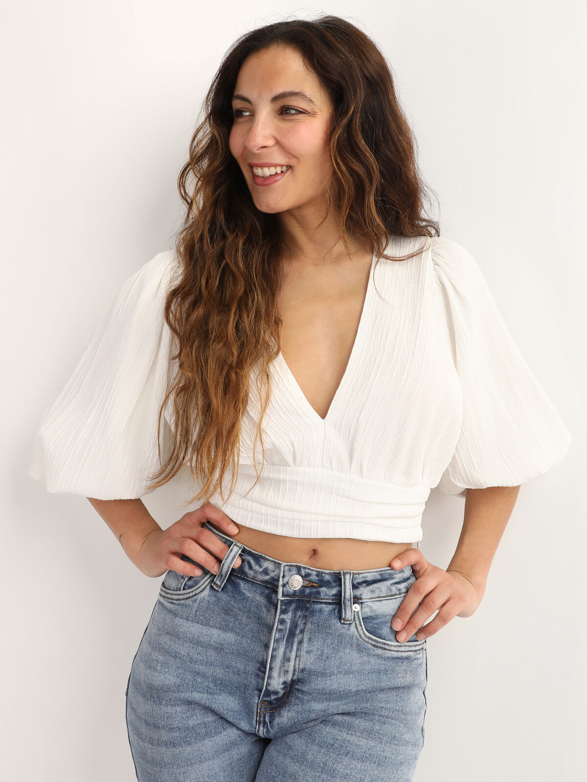 Crop Top plissé à manches ballons- Blanc