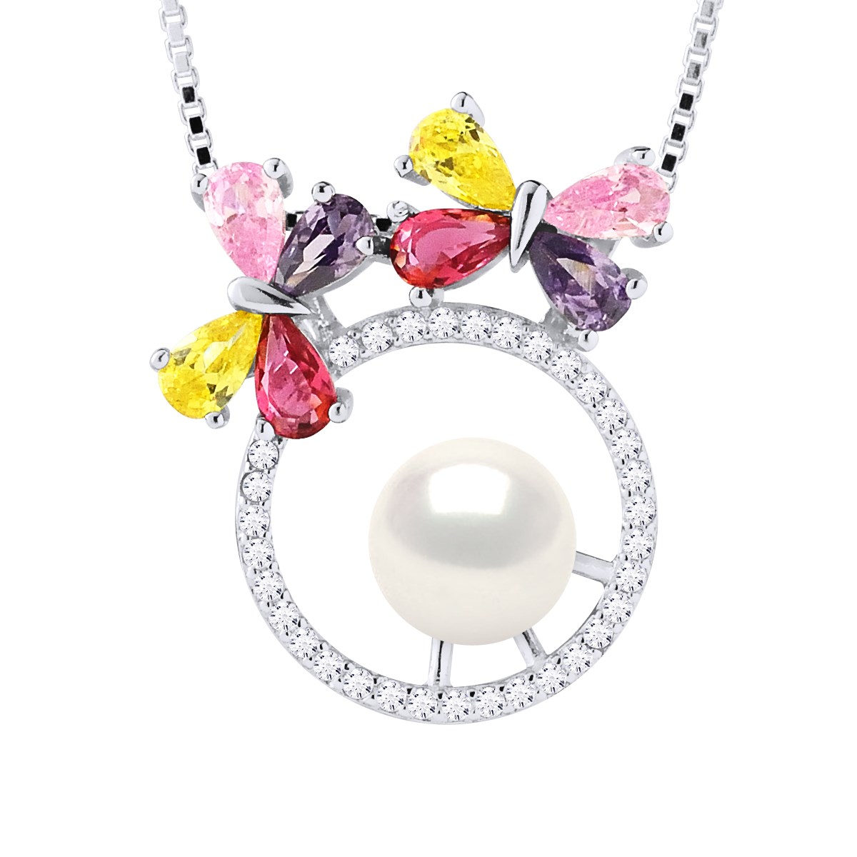 Collier PAPILLONS Perle d'Eau Douce Ronde 8-9 mm Blanche Argent 925