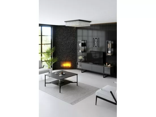 Meuble TV Ananke, Buffet de salon, Armoire basse pour TV, Base murale de rangement, 180x30h48 cm, Anthracite et Noir