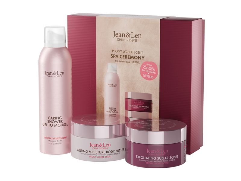 Jean & Len Geschenkset Spa Ceremony Peony and Lychee Set M Natürliches Pflegeset, eine aufeinander abgestimmte Zeremonie für den Körper