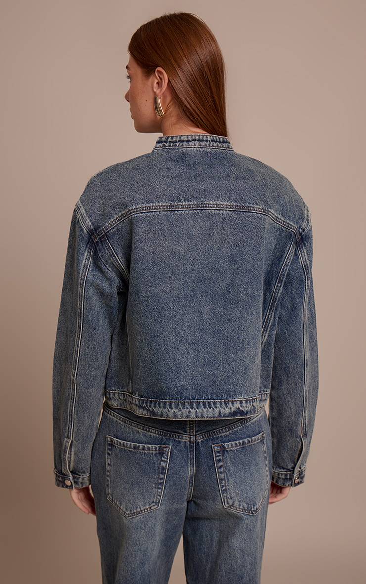 Délavage Vintage Veste En Denim Ample À Col Motard