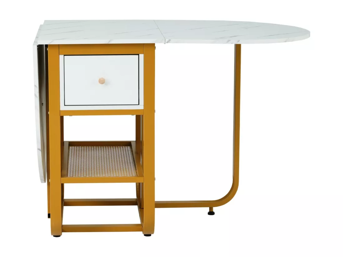 Table à manger extensible et pliable, avec tiroir et étagère, panneaux de particules, Blanc et Doré, 160x70x75cm