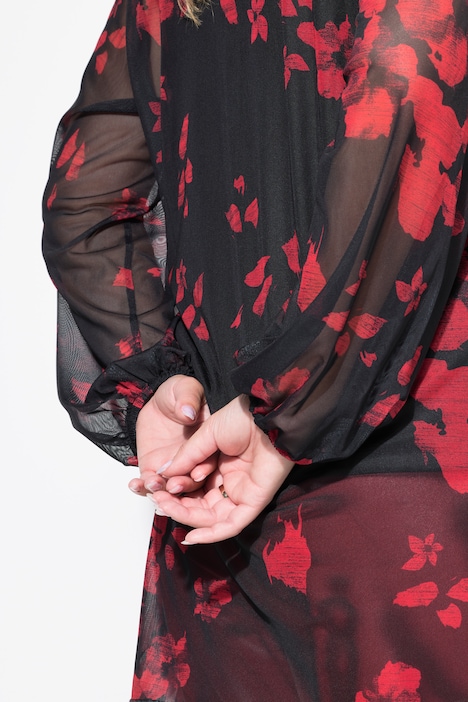 Bluse, Mesh, floraler Print, weiter Langarm