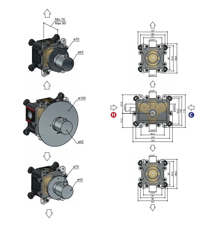 Hotbath Cobber Afbouwdeel Thermostaat met 2 stopkranen Geborsteld Messing CB007