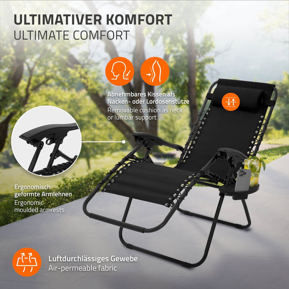ML-Design Set van 2 opvouwbare ligstoelen, zwart, ligstoel met verstelbare hoofdsteun en rugleuning, tuinligstoel met vetersysteem, zero gravity outdoor relaxstoel, tuinstoel met bekerhouder