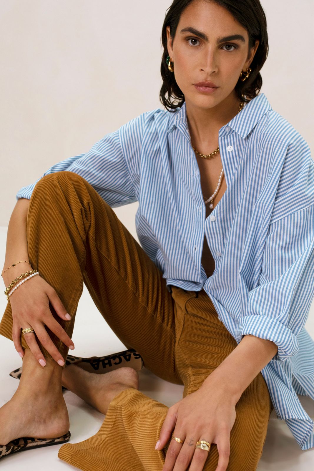 Bruine wide leg corduroy broek
