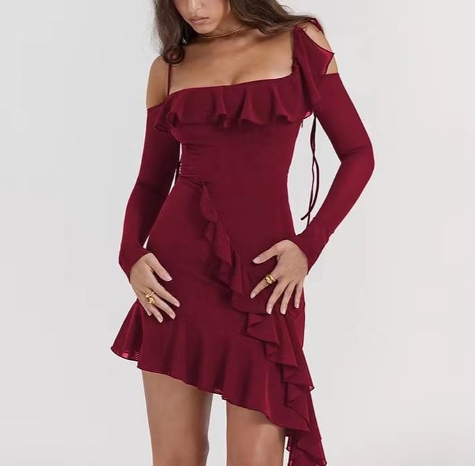 Rosesand - Lange mouw off-shoulder effen mesh mini-bodyconjurk met ruches