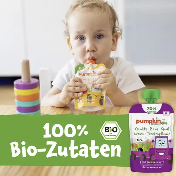 Bio Quetschie mit Karotte, Birne, Spinat, Erbsen & Trockenpflaume