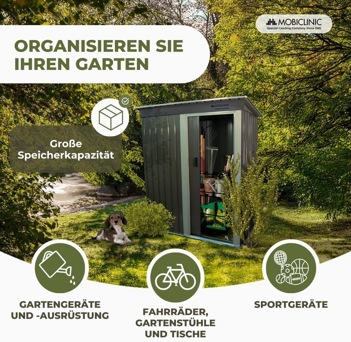 Mobiclinic®, Gerätehaus, Mit Schiebetür, 150 x 75 x 181 cm, Outdoor-Schrank, Abschließbar, Nomi, Schrägdach, 1.4 m², Sichere Aufbewahrung, Strapazierfähig, Grau