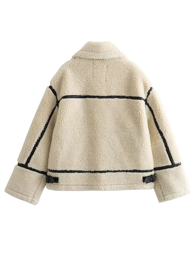 SugaYuja - Fleece jack met kraag, imitatieleren paneel en contrasterende bies