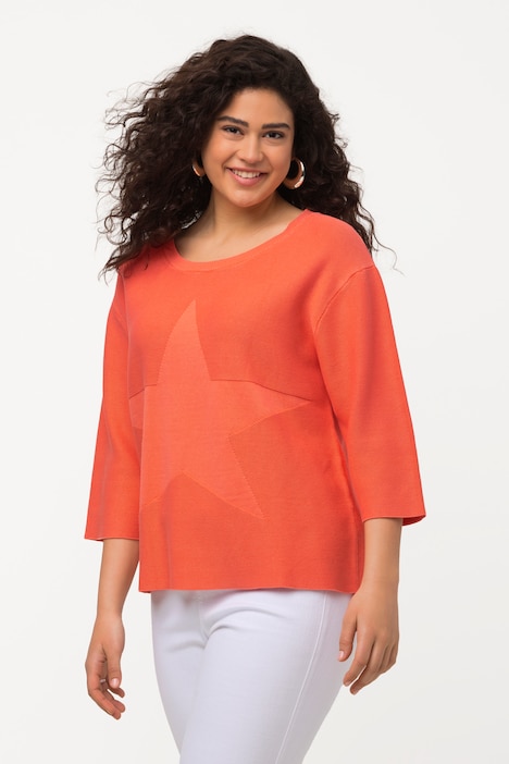 Pullover, Krausstrick, Stern, Rundhals, 3/4-Arm