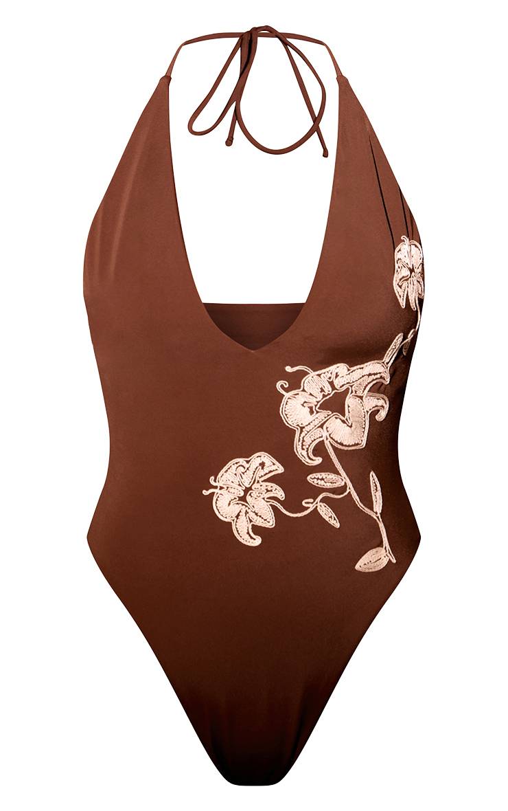 Chocolat Maillot De Bain Plongeant Brodé De Fleurs