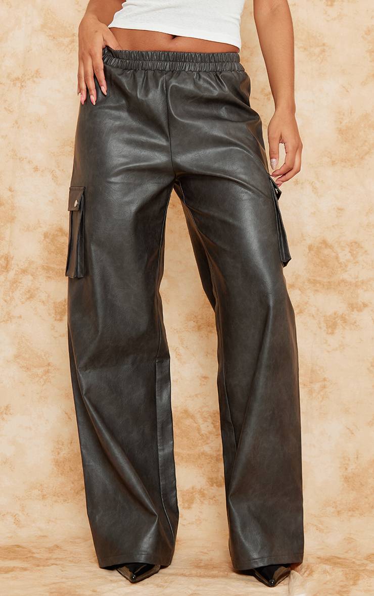Noir Pantalon Cargo Taille Haute Jambes Larges En Synthétiquecuir Effet Lavé Premium